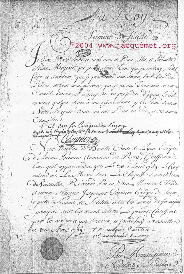 Serment de fidélité de Monseigneur Jacquemet au roi Louis XV
